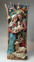 Fototapeta premium A wooden sculpture of a man, woman and child holding a baby. The sculpture is titled 