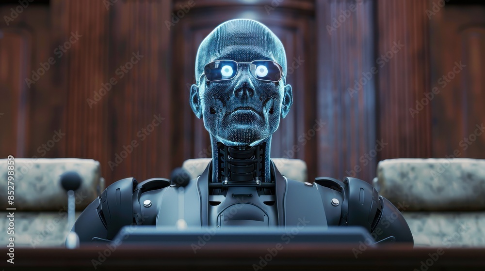 Poster A robot with a face and glasses is sitting at a desk. The robot is looking at the camera with a serious expression