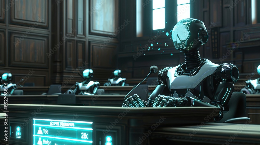Poster a robot is sitting at a desk in a room with other robots. the robot is wearing a suit and has a micr