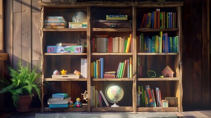 A rustic study nook with a wooden bookshelf stacked with vintage childrena??s books, a classic globe, educational toys made from natural materials, and a small potted fern, bathed in morning sunlight