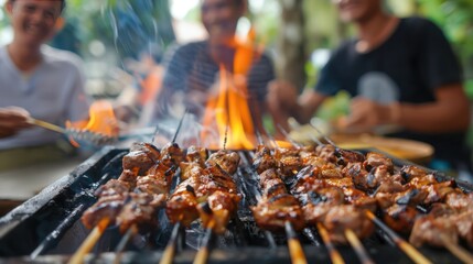 Variety of Barbecue skewers meat kebabs with vegetables on hot flaming grill