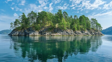 Fototapeta premium Small Island with Trees in Calm Blue Water. Tranquil Forested Island Surrounded by Ocean
