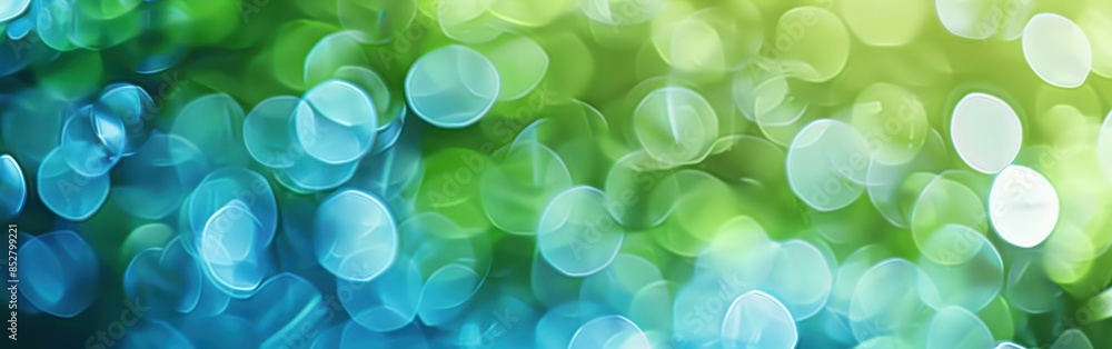 Poster a green and blue background with many small circles. the circles are of different sizes and colors. 