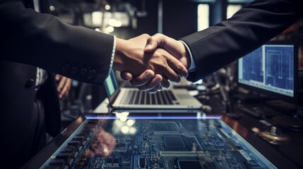 Futuristic business handshake with digital investment data for marketing and partnership deals