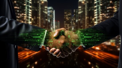 Futuristic business partnership with investment data visualization in handshake and computer graphic