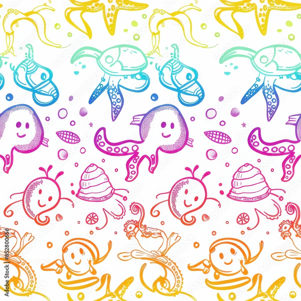 Poster a seamless pattern featuring various hand-drawn sea creatures, including octopuses, seahorses, seash