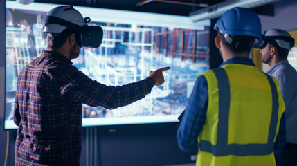 Obraz premium Engineers using virtual reality headsets review blueprints on a large screen, likely in a modern construction or architectural setting.