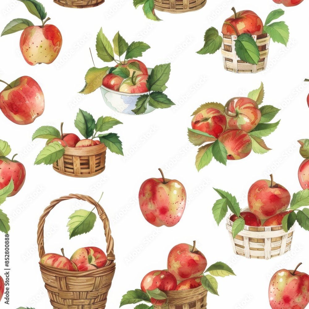 Poster this is a watercolor illustration of red apples in various arrangements. some apples are in baskets,