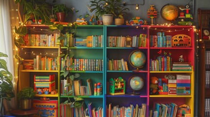 A vibrant study corner with a rainbow-colored bookshelf packed with childrena??s books, an antique globe, educational toys neatly arranged, and a small potted plant hanging