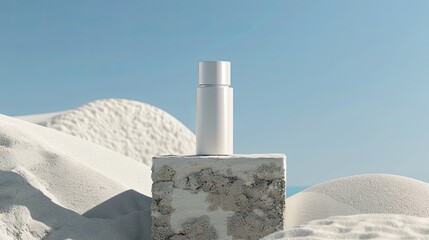 Front view of a white cosmetic bottle without label displayed on gray stone podium. Sand texture and blue sky background. Mockup scene for advertising cosmetic, space for design