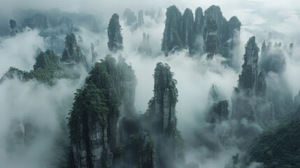 Majestic Zhangjiajie National Forest Park: Sandstone Pillars in Misty Serenity