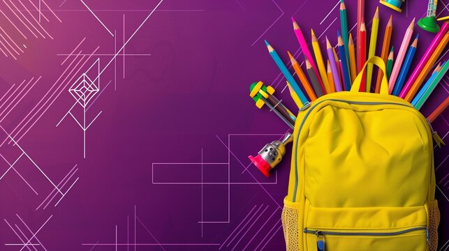A vibrant yellow school backpack filled with a variety of colorful stationery items, including a rainbow of colored pencils and quirky sharpeners, against a rich purple background