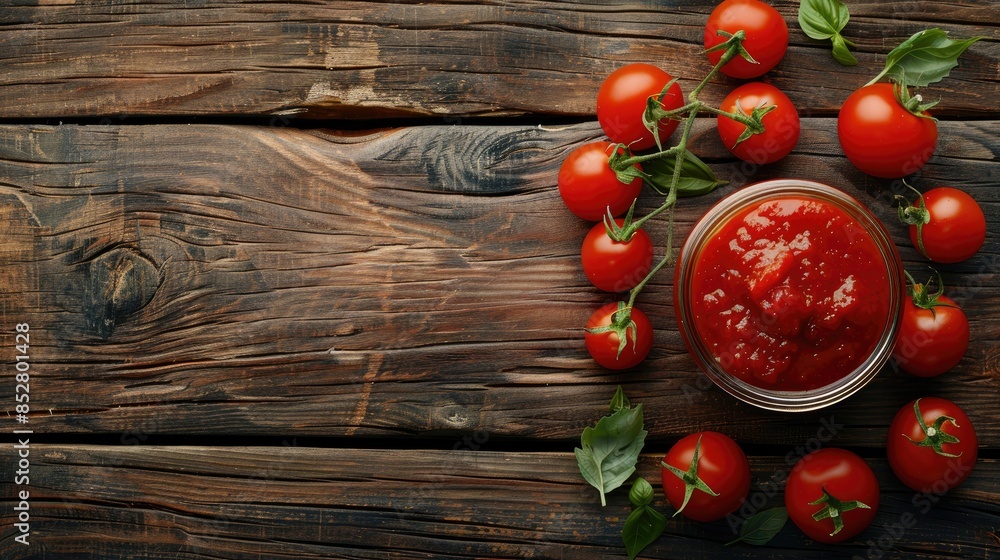 Poster tomato paste jar on wooden table flat lay with space for text