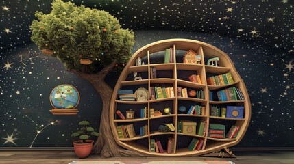 A whimsical study corner with a bookshelf shaped like a tree, filled with childrena??s books, a floating globe, interactive educational toys, and a small potted bonsai tree, under a starry ceiling