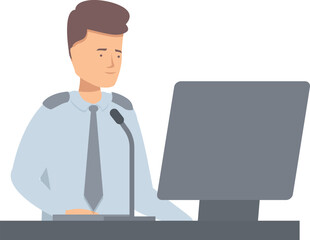 Airport worker in uniform speaking on microphone at information desk