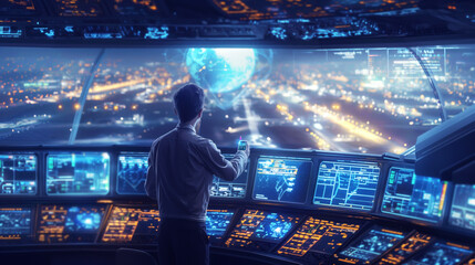Man in a futuristic control room with multiple digital screens overlooking a cityscape with a holographic Earth.