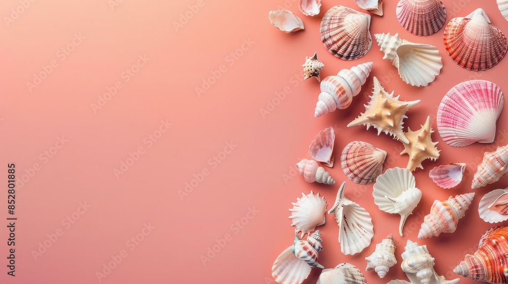 Poster this image features a variety of seashells arranged on a pink background. the shells are of differen