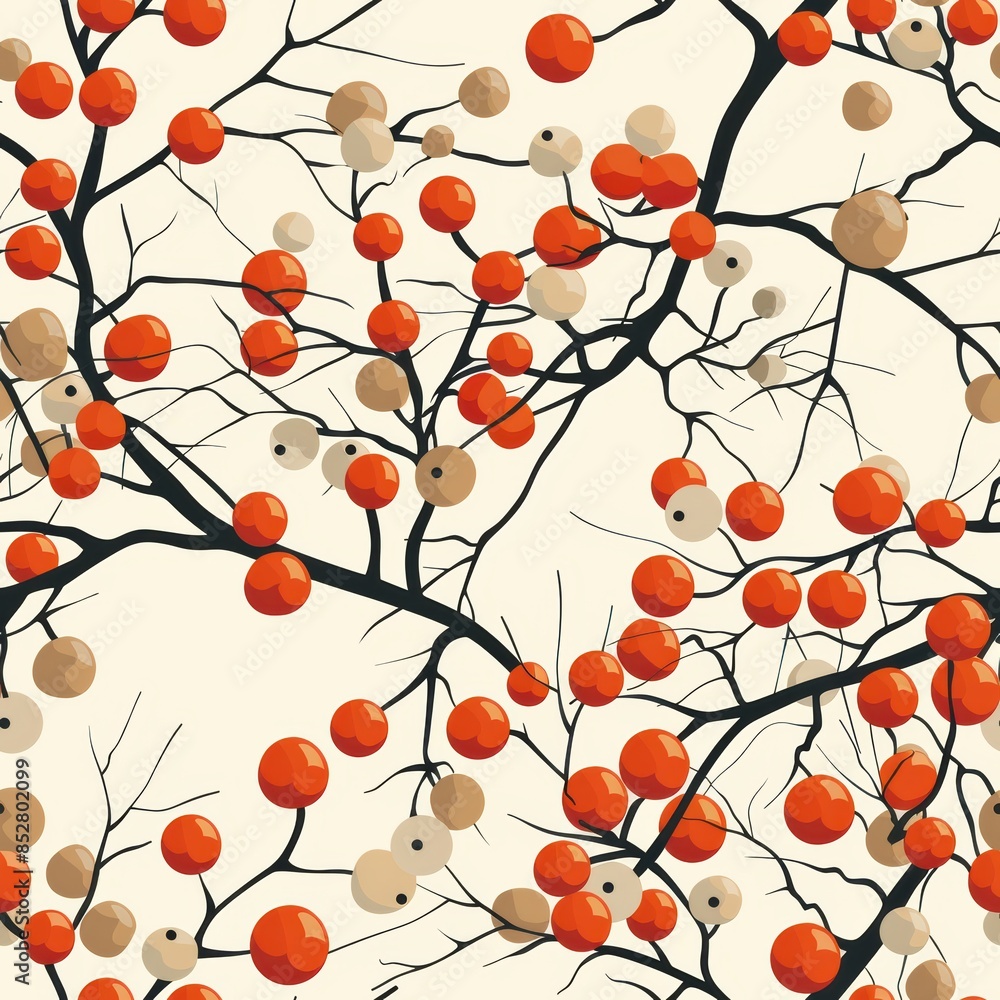 Poster a seamless pattern illustration features abstract, red, round berries on bare branches with a light 