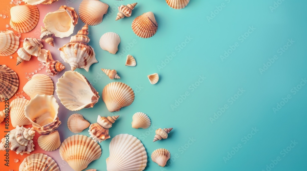 Poster This image features a collection of seashells arranged on a blue and orange background. The shells are of various sizes and shapes, with some open and others closed. The image is taken from a top-down