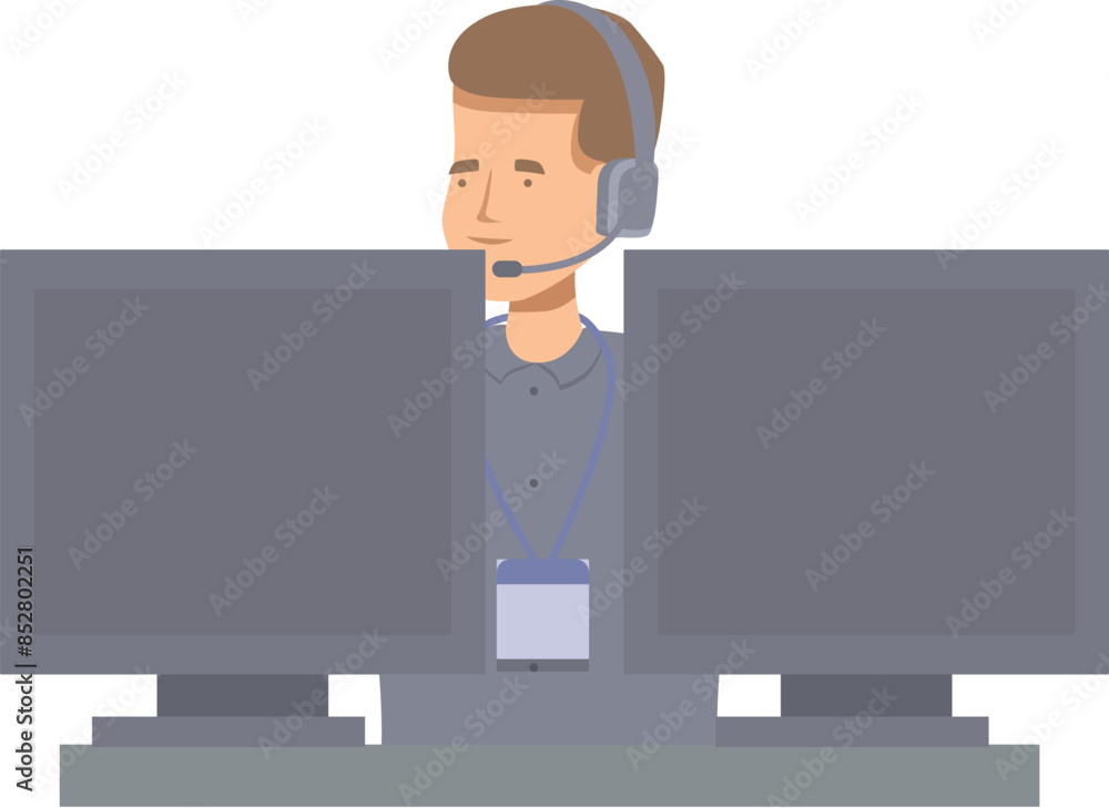 Poster male call center agent wearing headset working with multiple computer monitors