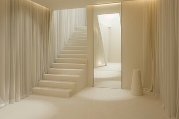 Elegant Reflection: Minimalist Mirror in Modern Hallway with Simple Staircase