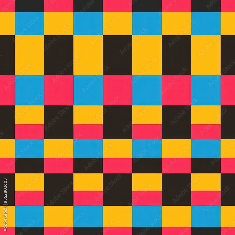 Poster This image shows a simple abstract pattern, similar to a checkerboard, featuring squares of yellow, blue, pink, and black. The colors are vibrant and saturated, making the pattern appear bold and eye-