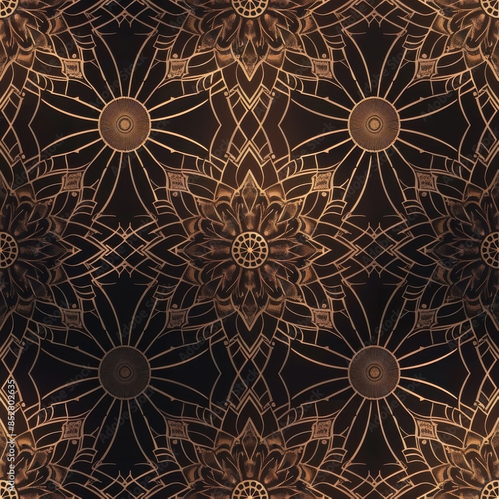 Poster This image showcases a seamless pattern of intricate gold mandalas on a black background. The mandalas feature detailed geometric designs with circular elements, creating a visually captivating and sy