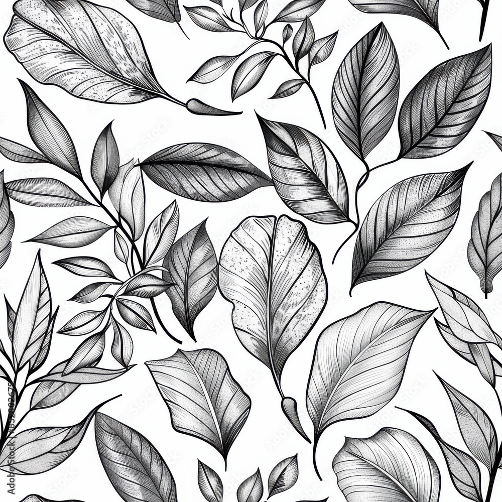 Poster A seamless pattern featuring black and white pencil drawn leaves. The leaves are arranged in a random, overlapping pattern. The design is simple and elegant, perfect for a variety of uses, including t