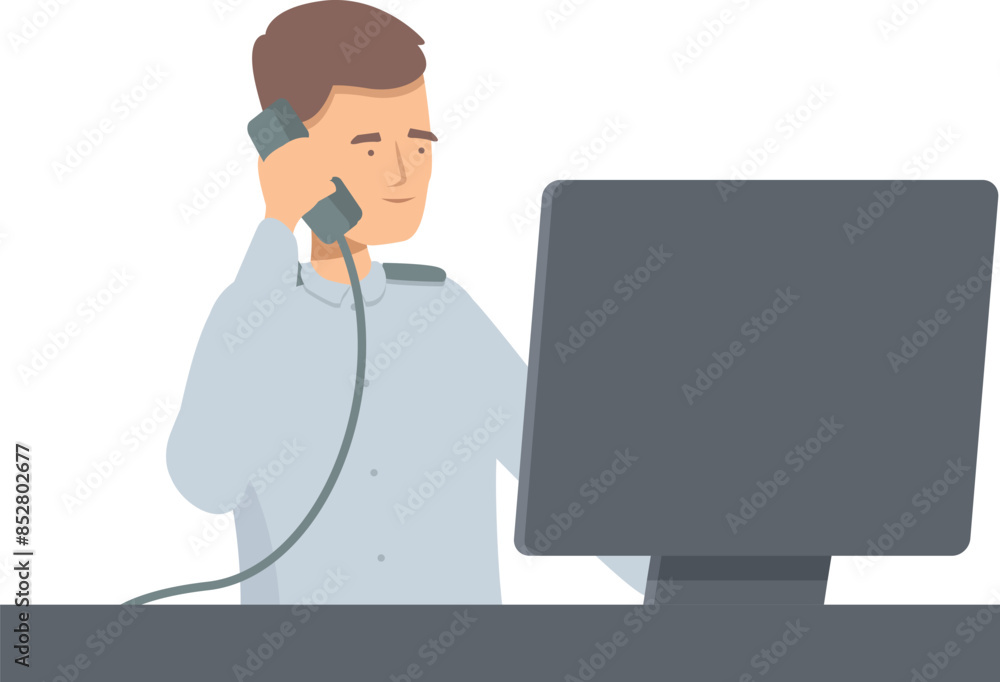 Poster security guard working on a computer and talking on the phone at his desk