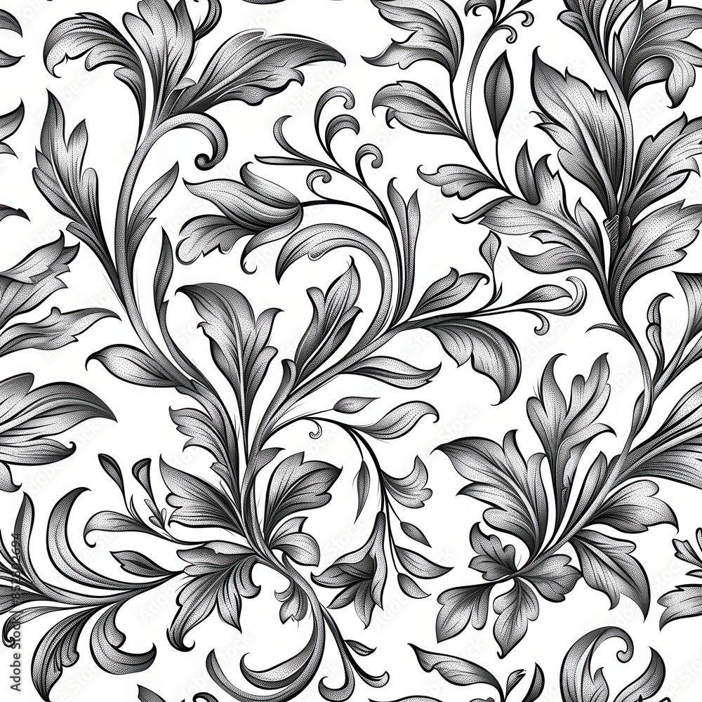 Poster this image showcases a detailed floral pattern illustration, featuring intricate black and white fol