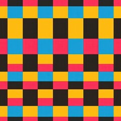 This image shows a simple abstract pattern, similar to a checkerboard, featuring squares of yellow, blue, pink, and black. The colors are vibrant and saturated, making the pattern appear bold and eye-