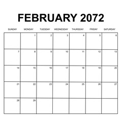 february 2072. monthly calendar design. week starts on sunday. printable, simple, and clean vector design isolated on white background.