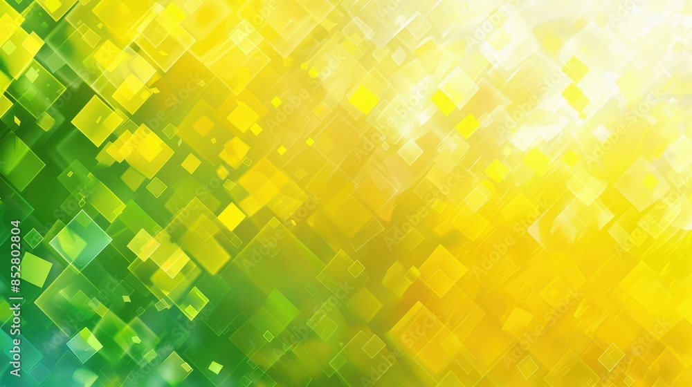 Poster a bright yellow background with green squares. the squares are in different sizes and are scattered 