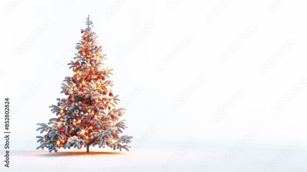 Aufkleber A snowy Christmas tree is decorated with red ornaments and string lights, standing on a white background. The tree is illuminated by the lights, casting a warm glow on the snow.