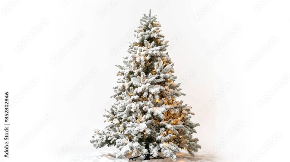 Poster A snow-covered artificial Christmas tree is adorned with warm white lights. The tree stands against a white background, creating a festive and minimalist backdrop.