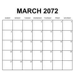 march 2072. monthly calendar design. week starts on sunday. printable, simple, and clean vector design isolated on white background.