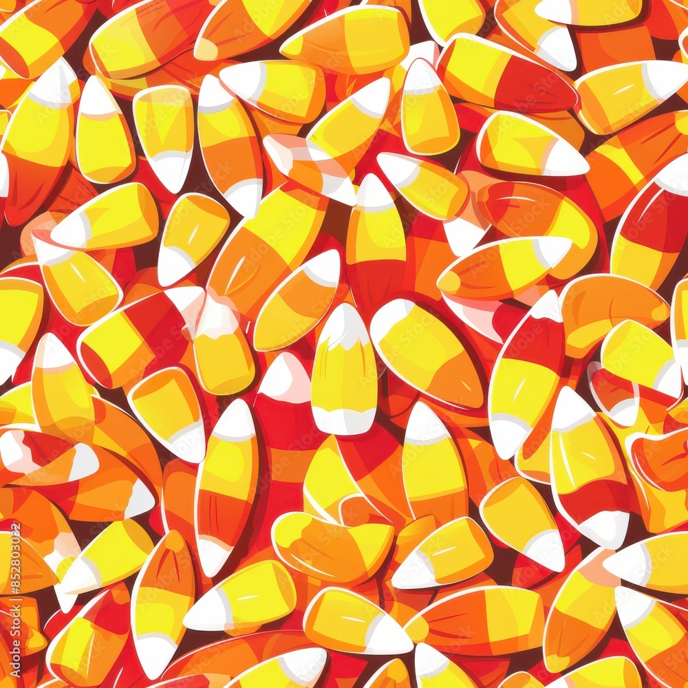 Poster A close-up image of a pile of candy corn. The candy corn is arranged in a random pattern, with some pieces overlapping each other. The candy corn is yellow, orange, and red, with a white tip. The colo
