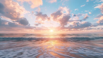 Obraz premium A panoramic view of a calm ocean at sunset. The sky is painted with vibrant hues of pink and blue, with fluffy clouds scattered across the canvas. The sun, positioned in the center, casts a warm glow 