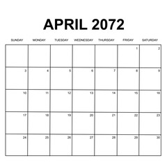 april 2072. monthly calendar design. week starts on sunday. printable, simple, and clean vector design isolated on white background.