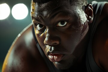 Fototapeta premium Focused Shot Put Athlete Preparing to Throw under Stadium Lights, Intensity and Determination Visible