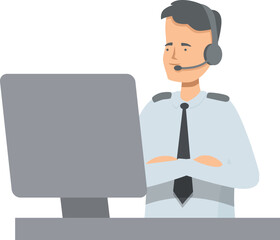 Airline dispatcher wearing headset sitting at desk working on a computer at the airport