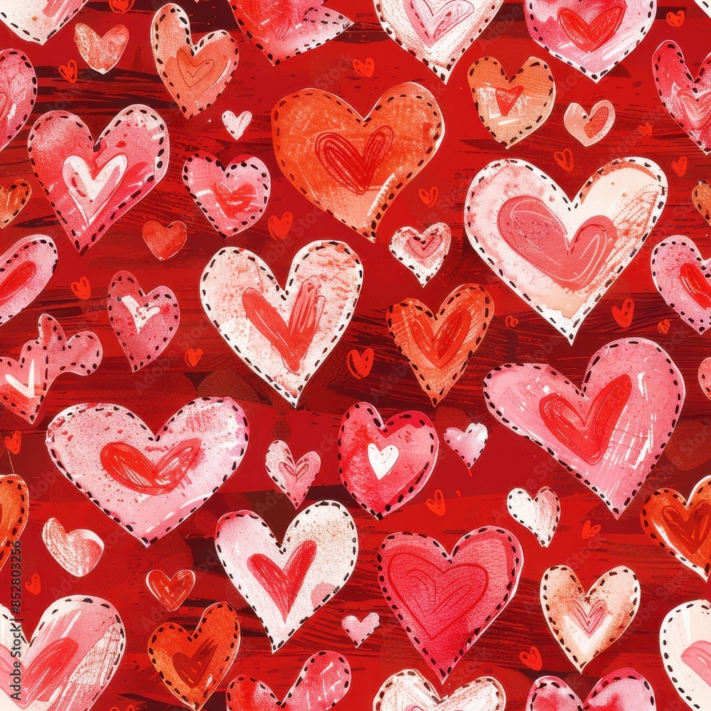 Poster a seamless pattern featuring watercolor hearts in shades of red and white on a red background. the h