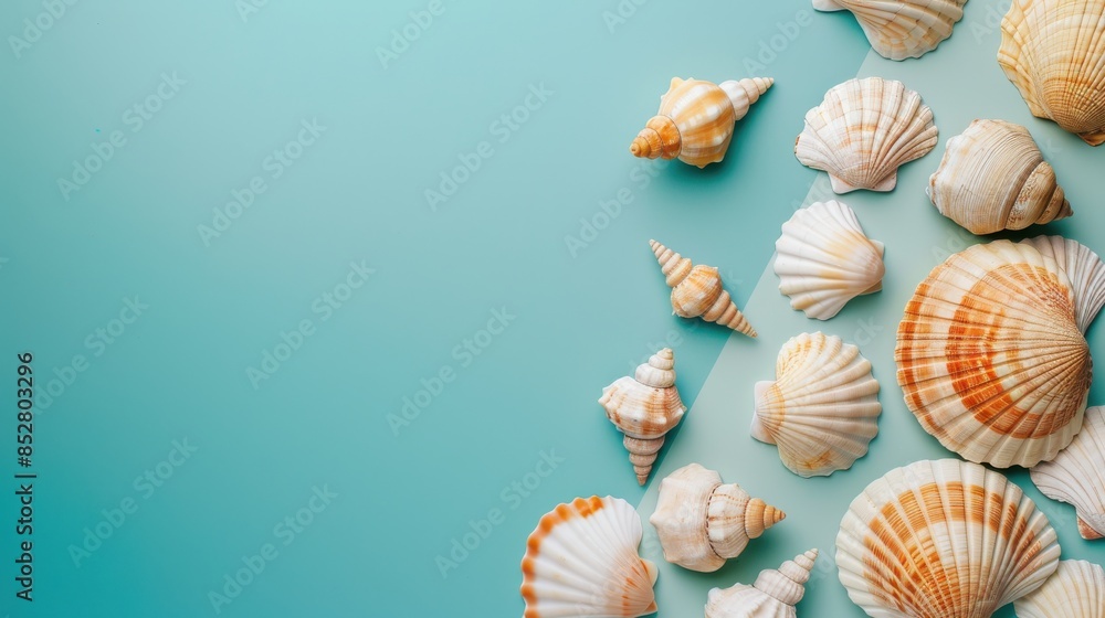 Poster This image features a variety of seashells arranged on a teal background. The shells are a mix of colors and shapes, with some being more ornate than others. The image is perfect for use in summer-the