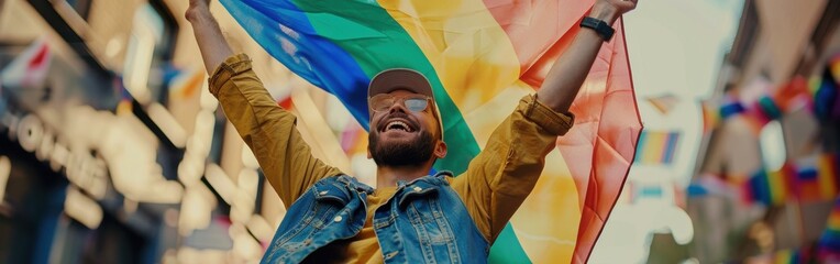 A man is holding a rainbow flag and smiling. Concept of joy and celebration, likely related to a pride event or a gay pride celebration