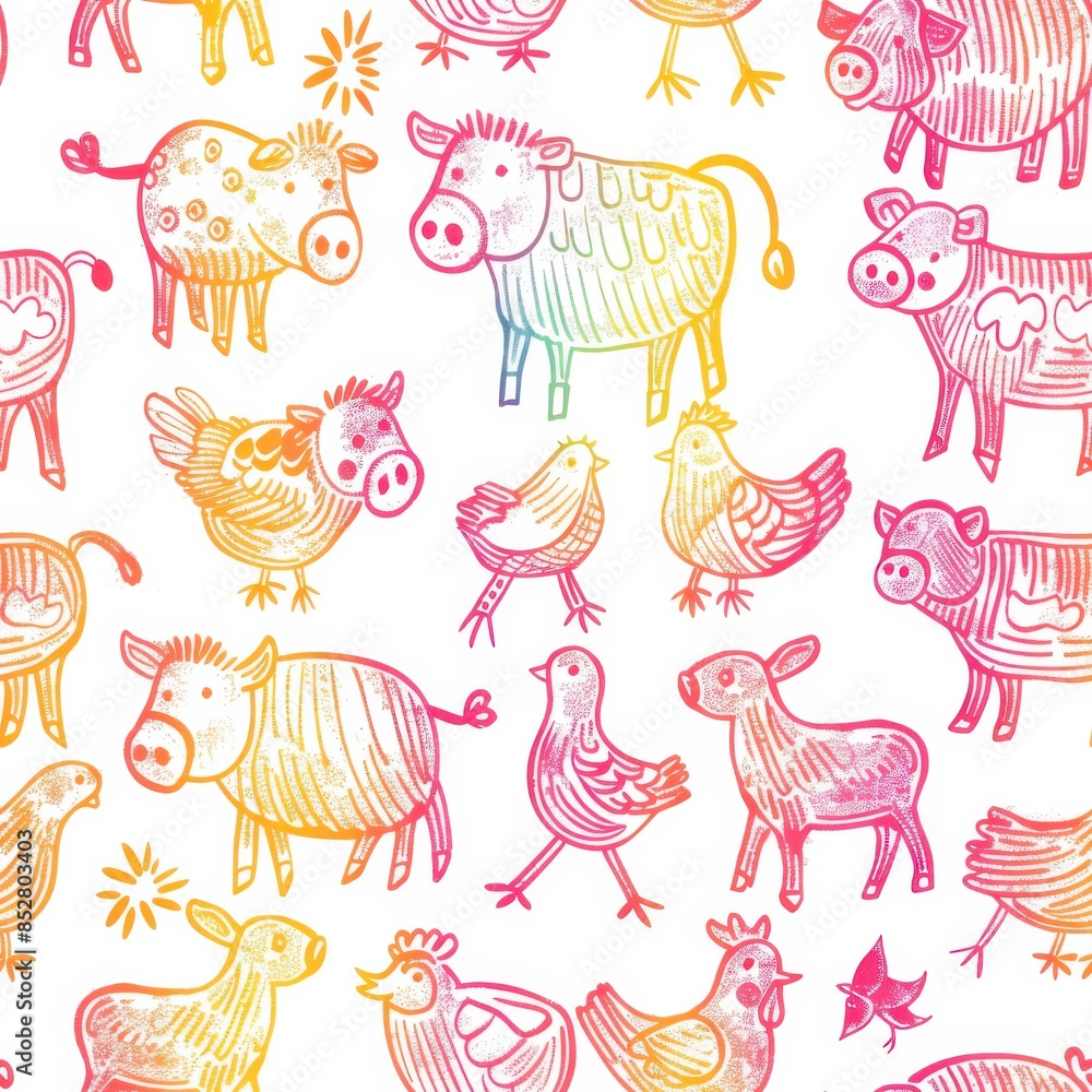 Poster a seamless pattern featuring various farm animals such as pigs, cows, chickens, and a donkey. all an