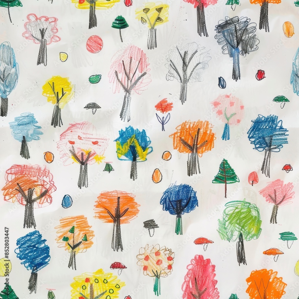 Aufkleber This is a childs drawing of a forest scene, featuring a variety of trees in different colors. The trees are all drawn with simple shapes and lines, and the background is a white paper. The image is a 