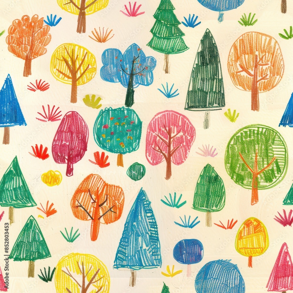 Poster This image is a colorful, hand-drawn pattern featuring various trees in different shapes and sizes. The trees are drawn with bold, colorful lines and are arranged in a repeating pattern against a whit