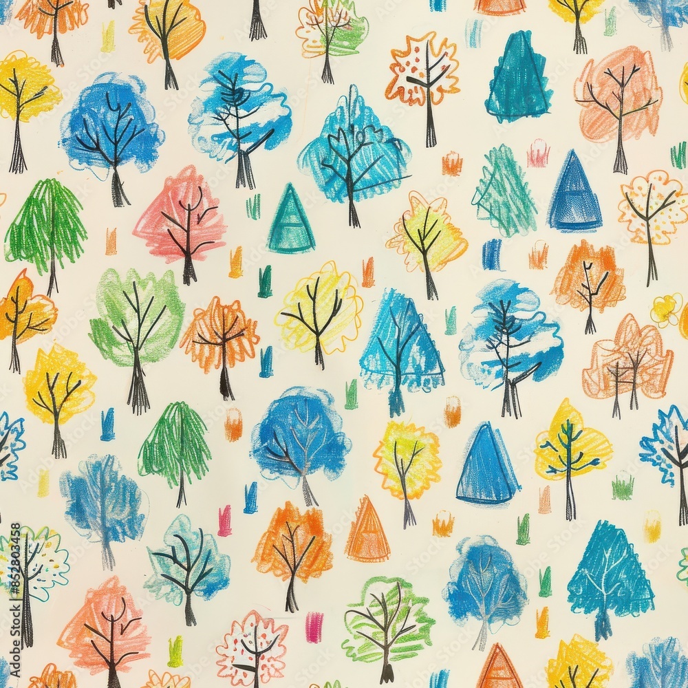 Poster This image is a hand-drawn pattern of trees and tents on a white background. The trees are drawn in various colors, including blue, green, yellow, orange, and red. The tents are drawn in blue and oran