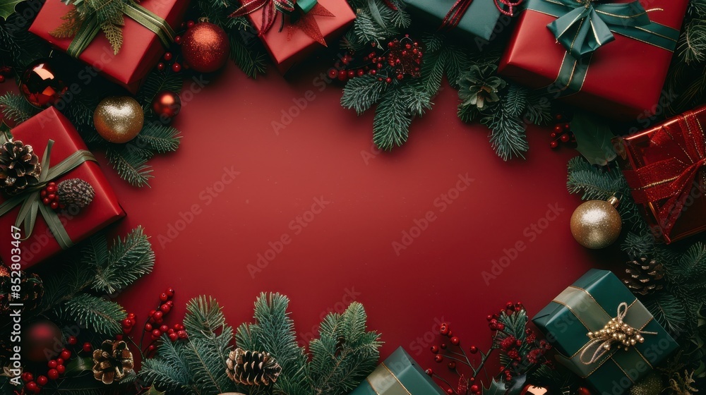 Aufkleber An image featuring a flat lay of various wrapped gifts in red and green with Christmas ornaments and greenery. The gifts are arranged around a red background with copy space in the center.