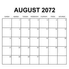 august 2072. monthly calendar design. week starts on sunday. printable, simple, and clean vector design isolated on white background.